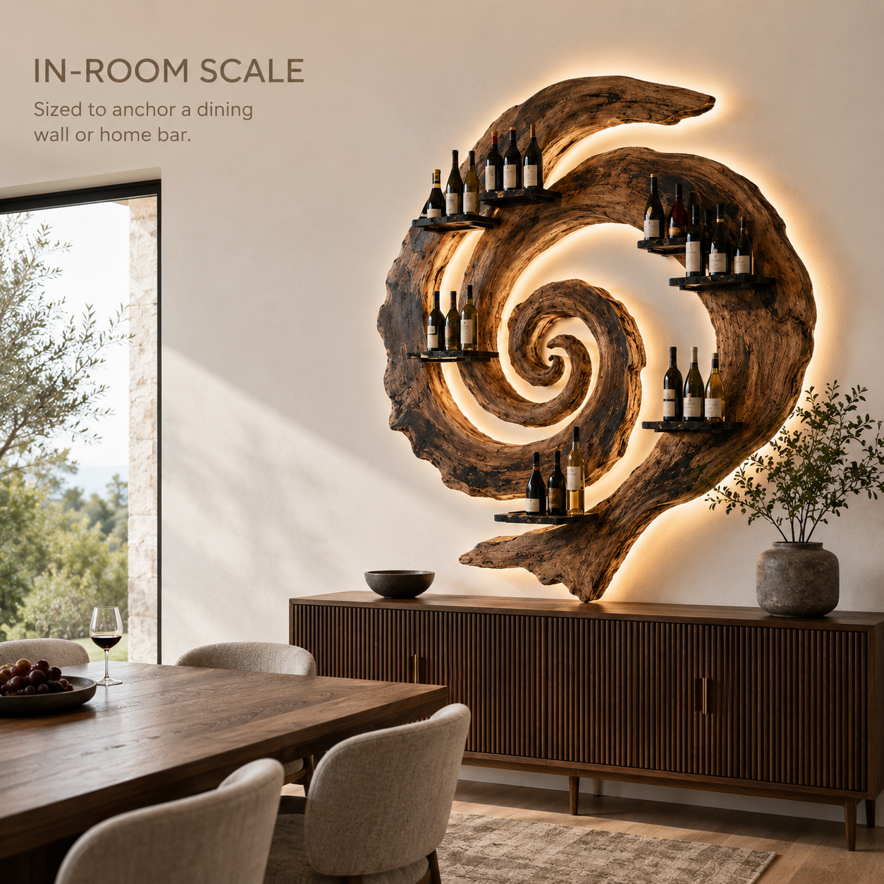 Solid Wood Wall Wine Rack with Glass Holder - Ribbed Wave - product image 04