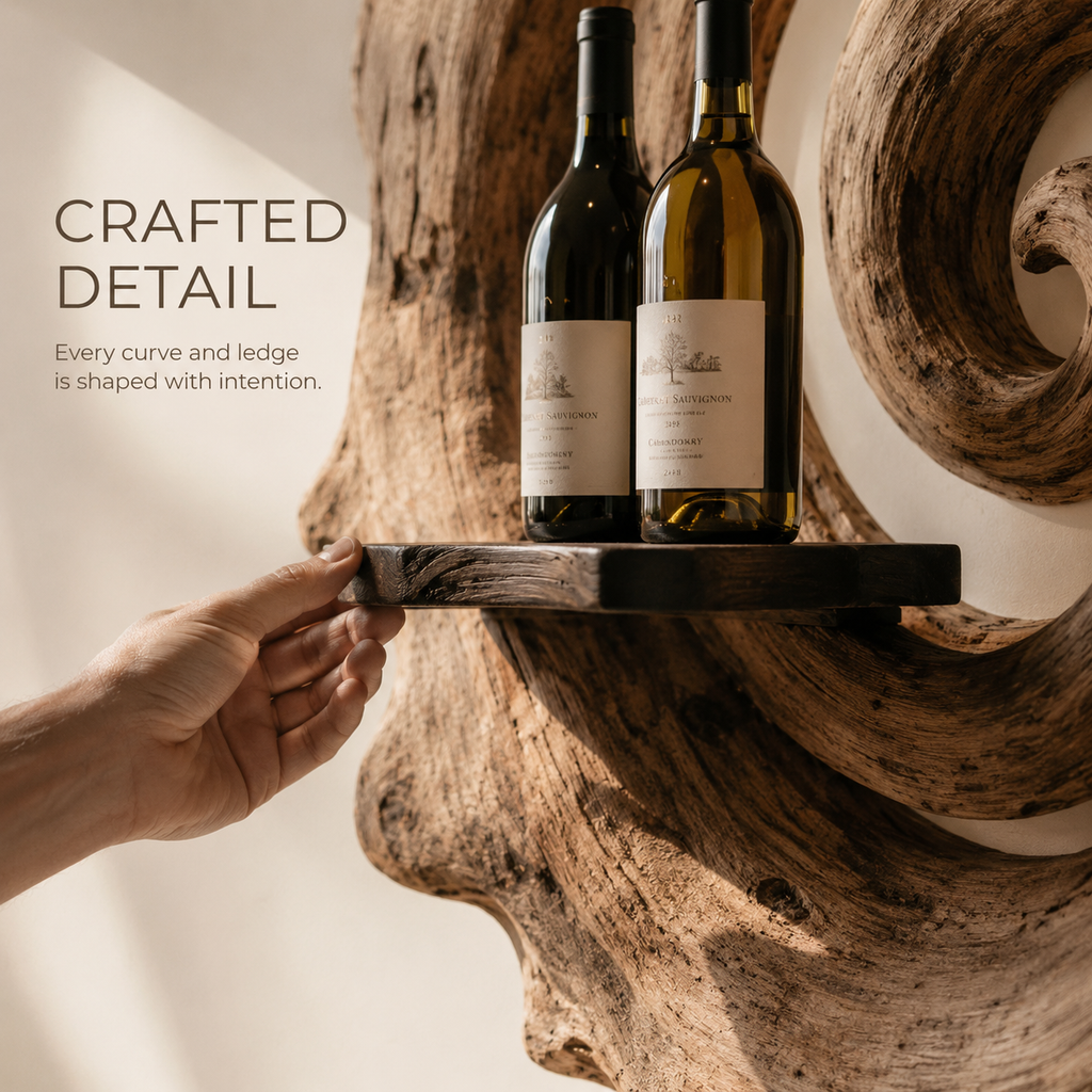 Solid Wood Wall Wine Rack with Glass Holder - Ribbed Wave - product image 06