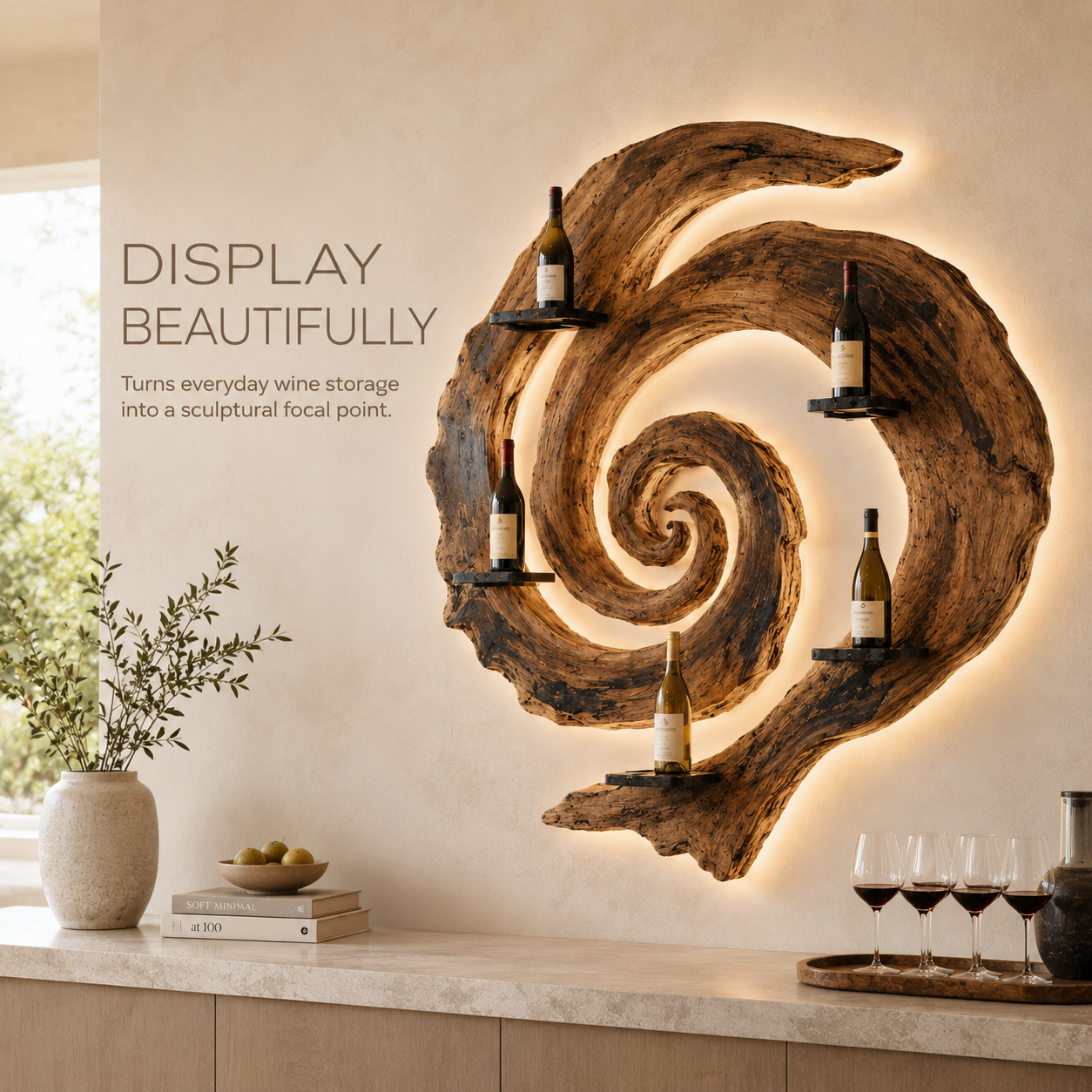 Solid Wood Wall Wine Rack with Glass Holder - Ribbed Wave - product image 07