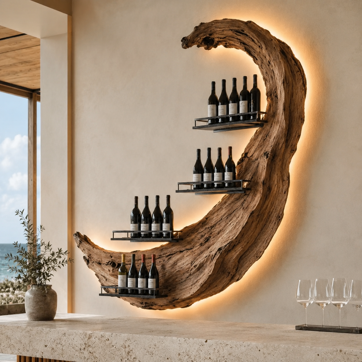 Solid Wood Wall Wine Rack with Glass Holder - Wave - main view