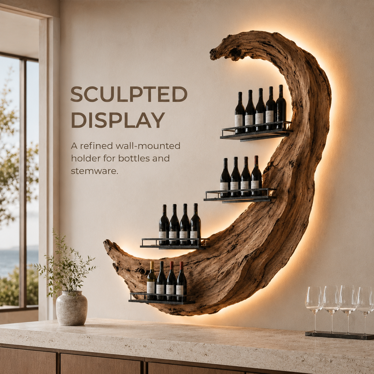 Solid Wood Wall Wine Rack with Glass Holder - Wave - product image 02