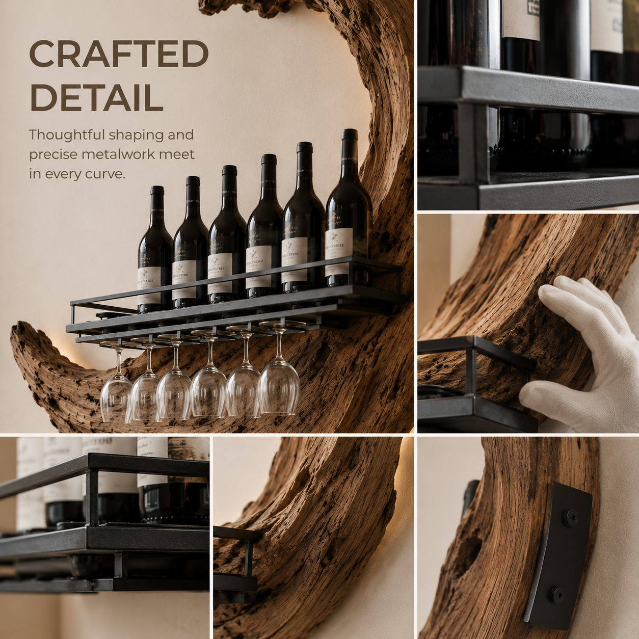 Solid Wood Wall Wine Rack with Glass Holder - Wave - product image 06