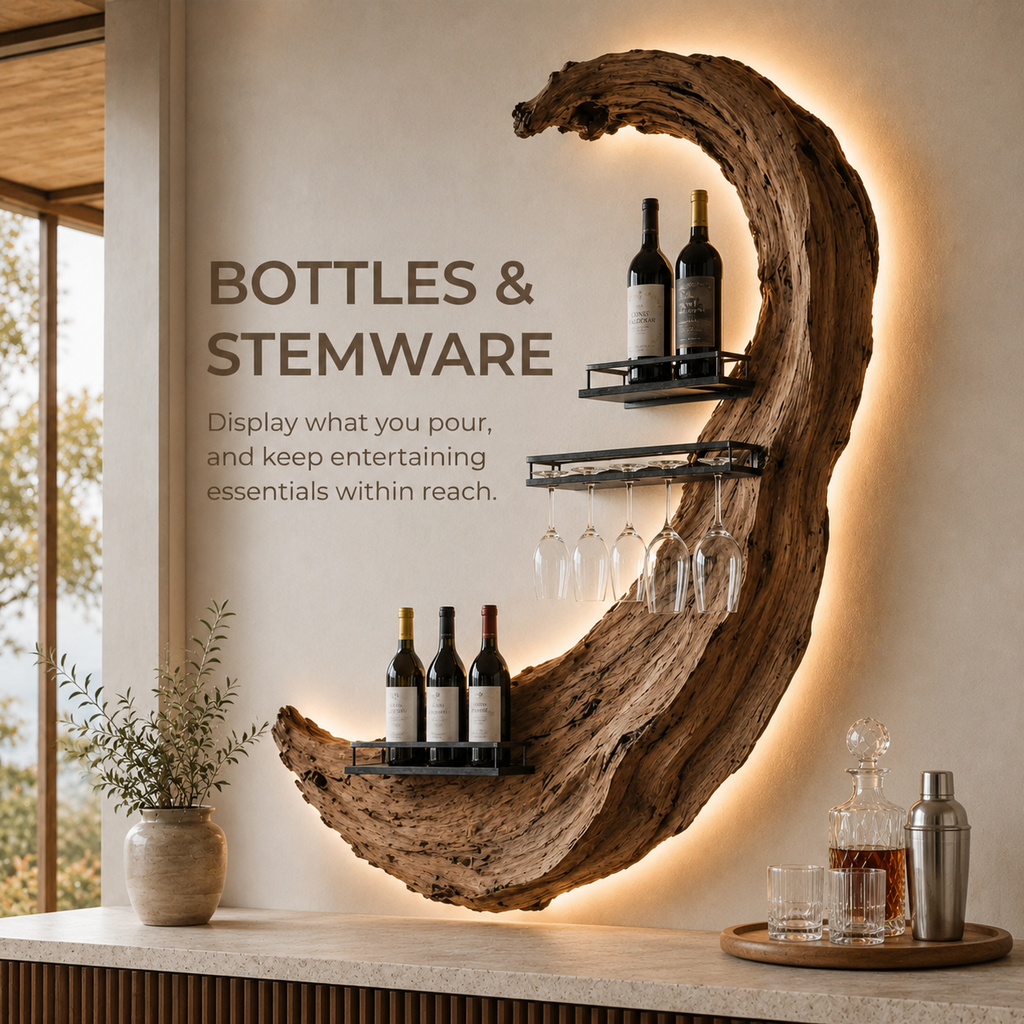 Solid Wood Wall Wine Rack with Glass Holder - Wave - product image 07