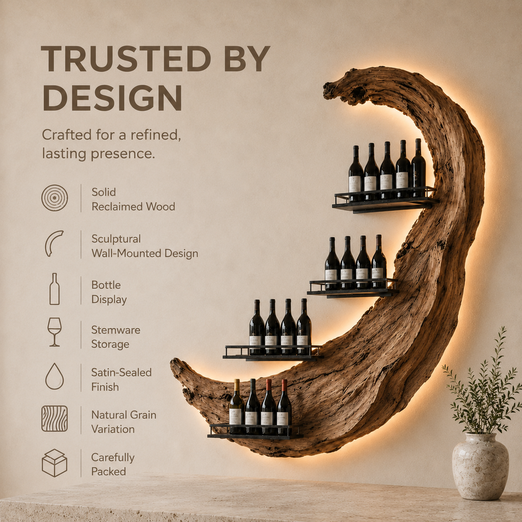 Solid Wood Wall Wine Rack with Glass Holder - Wave - product image 09