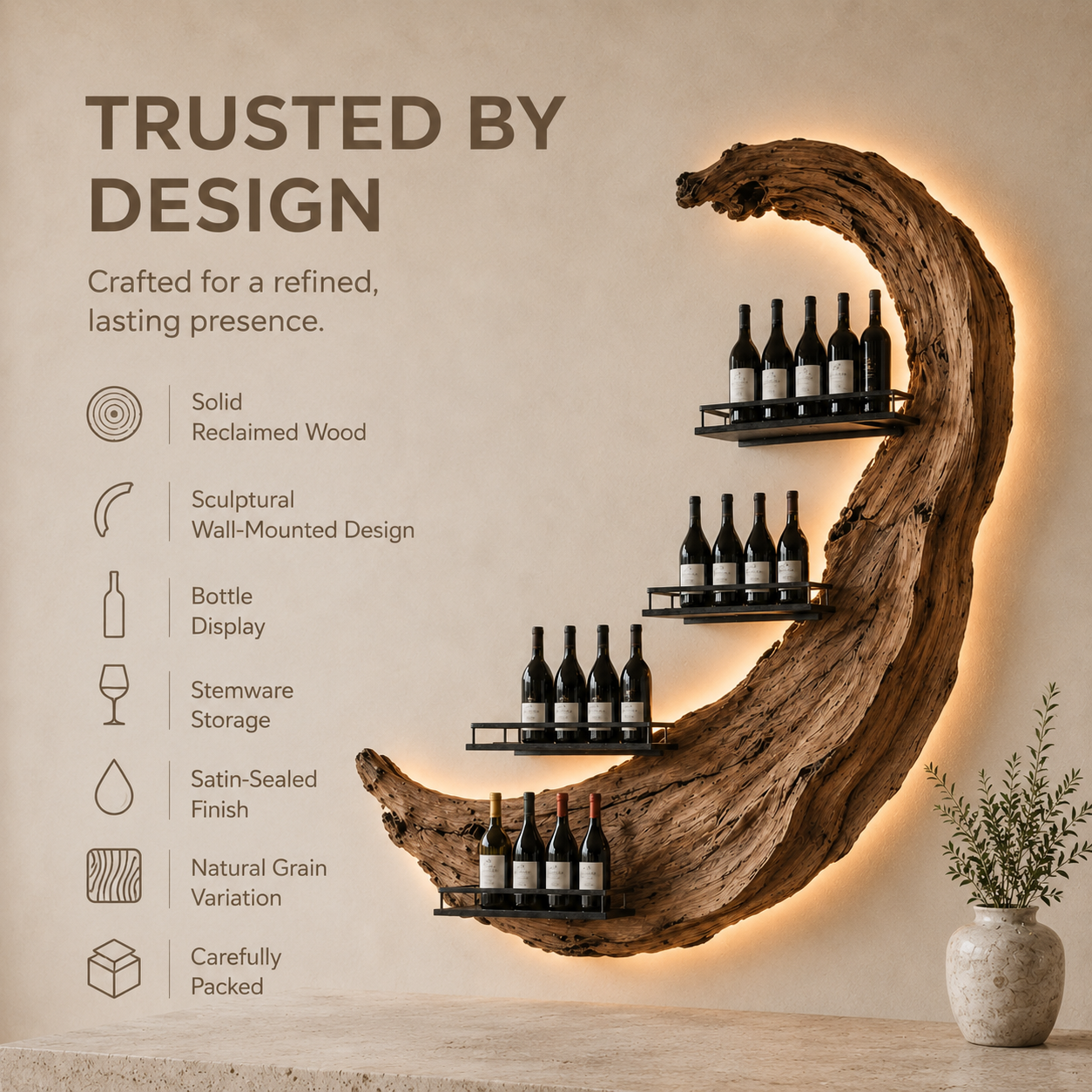Solid Wood Wall Wine Rack with Glass Holder - Wave - product image 09