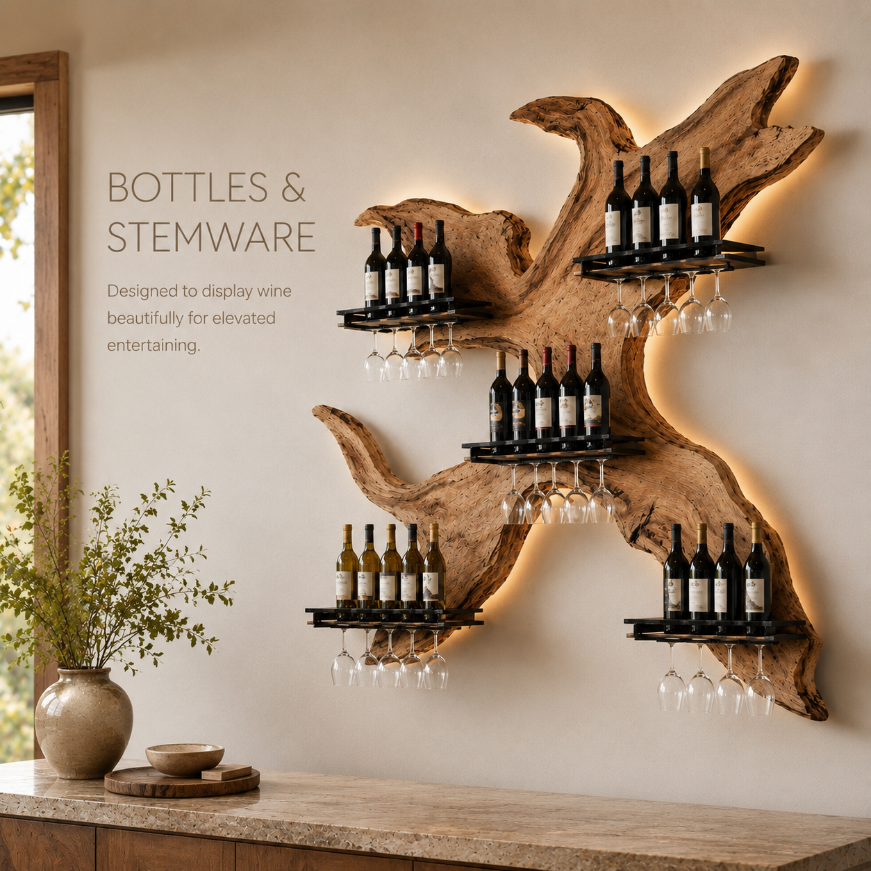 Solid Wood Wall Wine Rack with Glass Holder - Cellular - product image 07