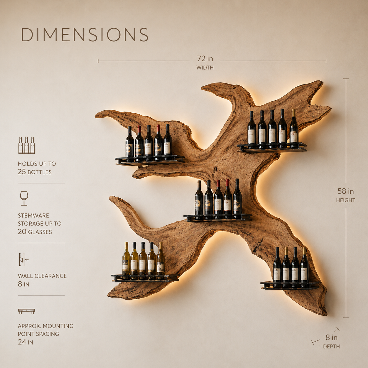 Solid Wood Wall Wine Rack with Glass Holder - Cellular - product image 08
