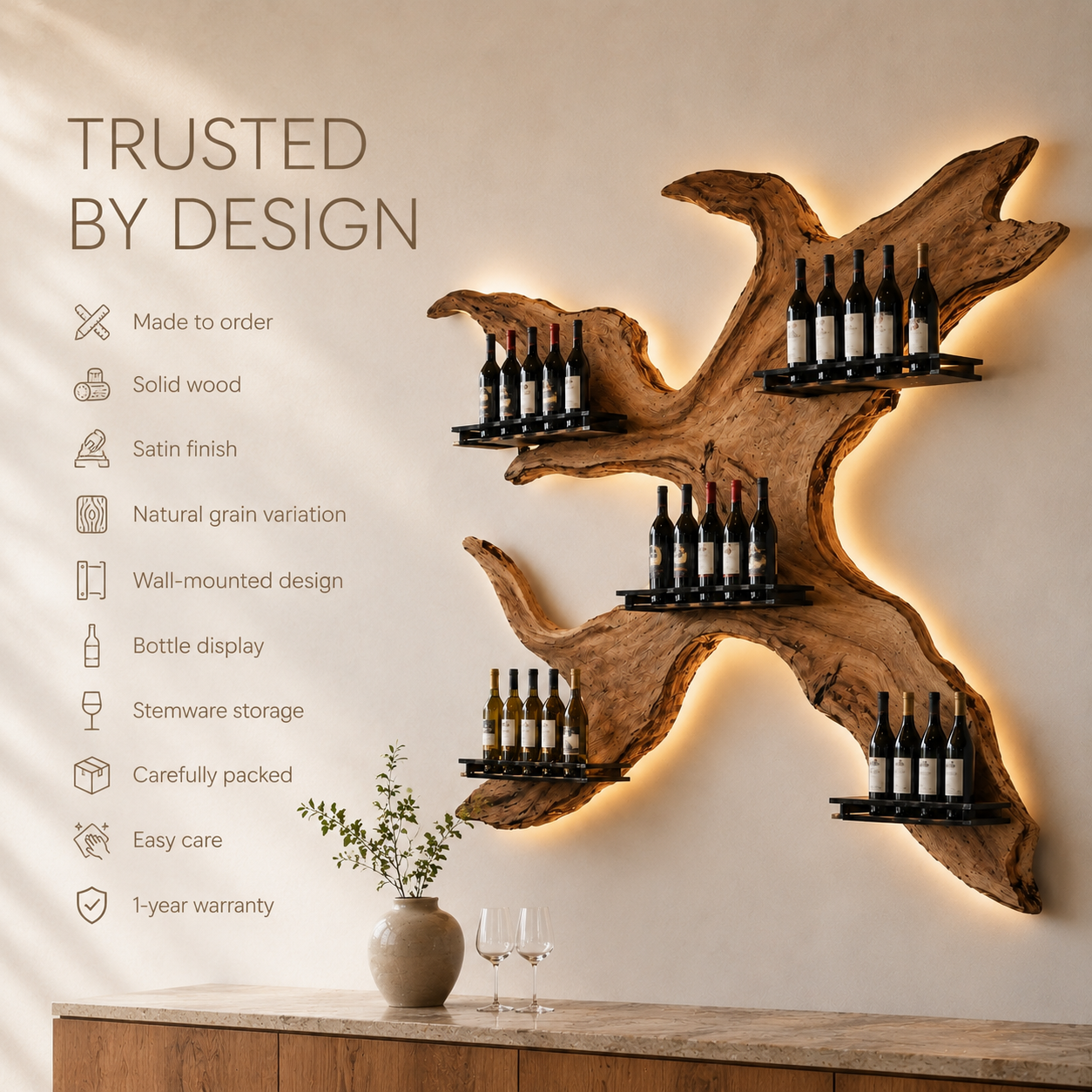 Solid Wood Wall Wine Rack with Glass Holder - Cellular - product image 09