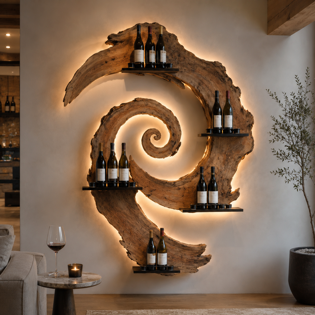 Solid Wood Wall Wine Rack with Glass Holder - Branch Form - main view