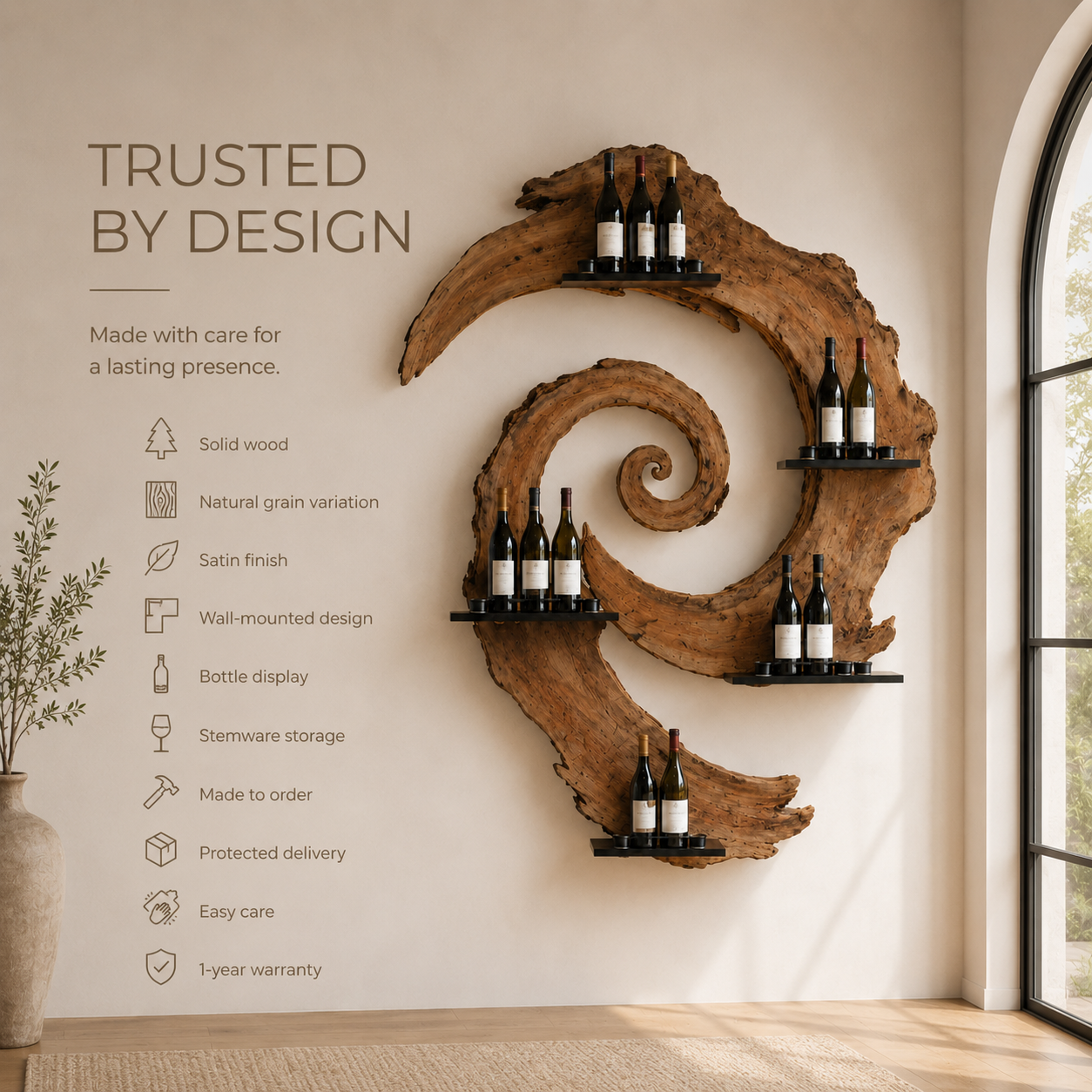 Solid Wood Wall Wine Rack with Glass Holder - Branch Form - product image 09