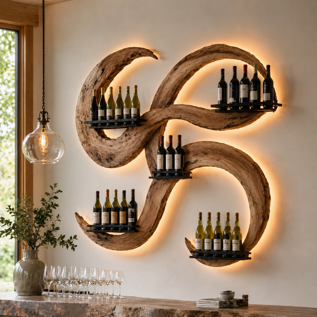 Solid Wood Wall Wine Rack with Glass Holder - Crescent - main view