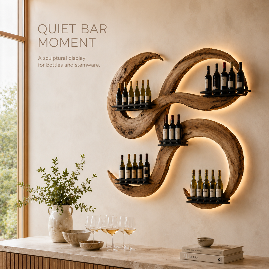 Solid Wood Wall Wine Rack with Glass Holder - Crescent - product image 02