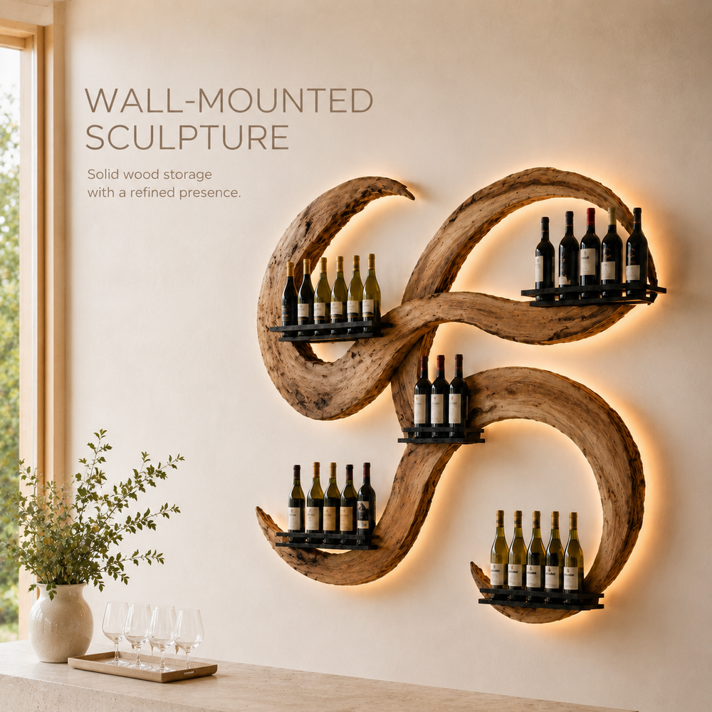 Solid Wood Wall Wine Rack with Glass Holder - Crescent - product image 03