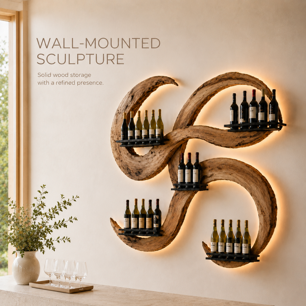 Solid Wood Wall Wine Rack with Glass Holder - Crescent - product image 03