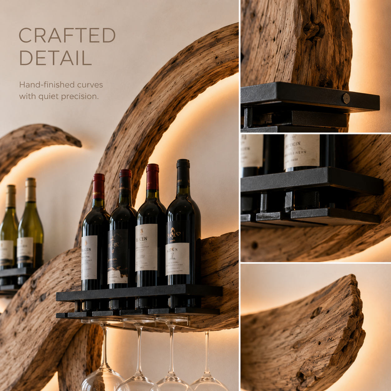 Solid Wood Wall Wine Rack with Glass Holder - Crescent - product image 06