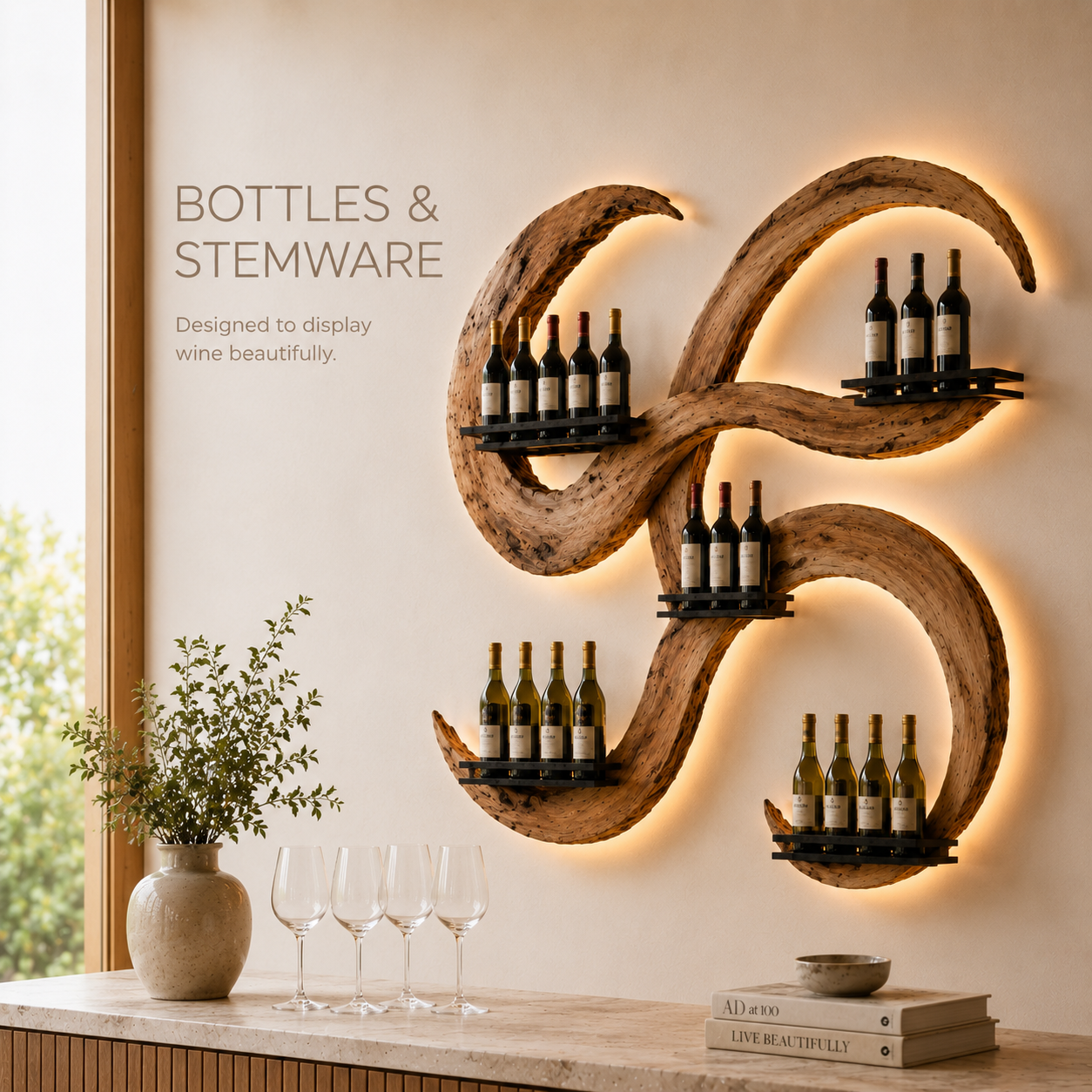 Solid Wood Wall Wine Rack with Glass Holder - Crescent - product image 07