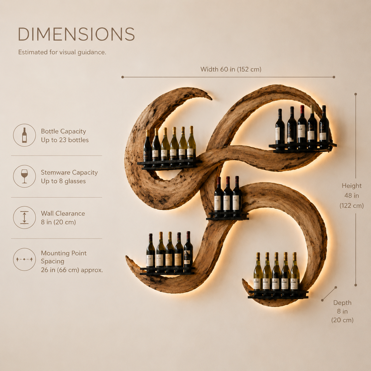 Solid Wood Wall Wine Rack with Glass Holder - Crescent - product image 08