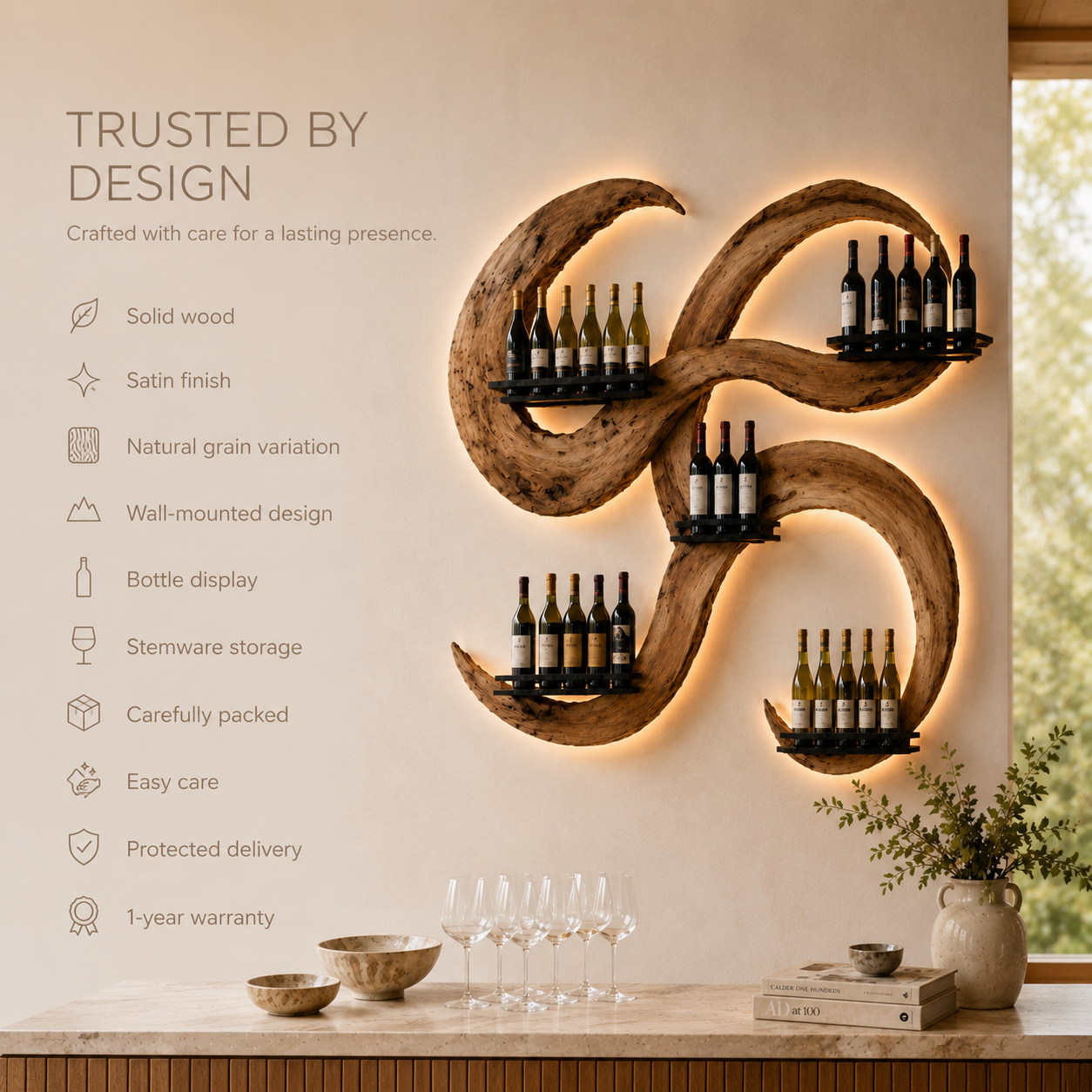 Solid Wood Wall Wine Rack with Glass Holder - Crescent - product image 09