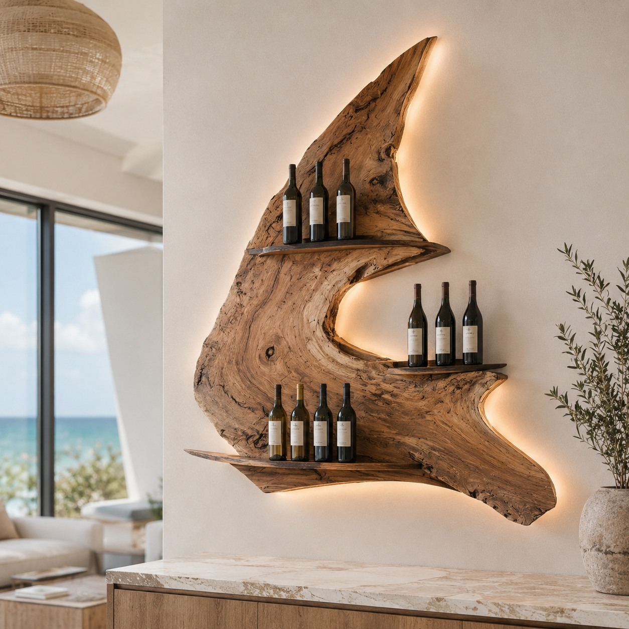 Solid Wood Wall Wine Rack with Glass Holder - Live Edge - main view