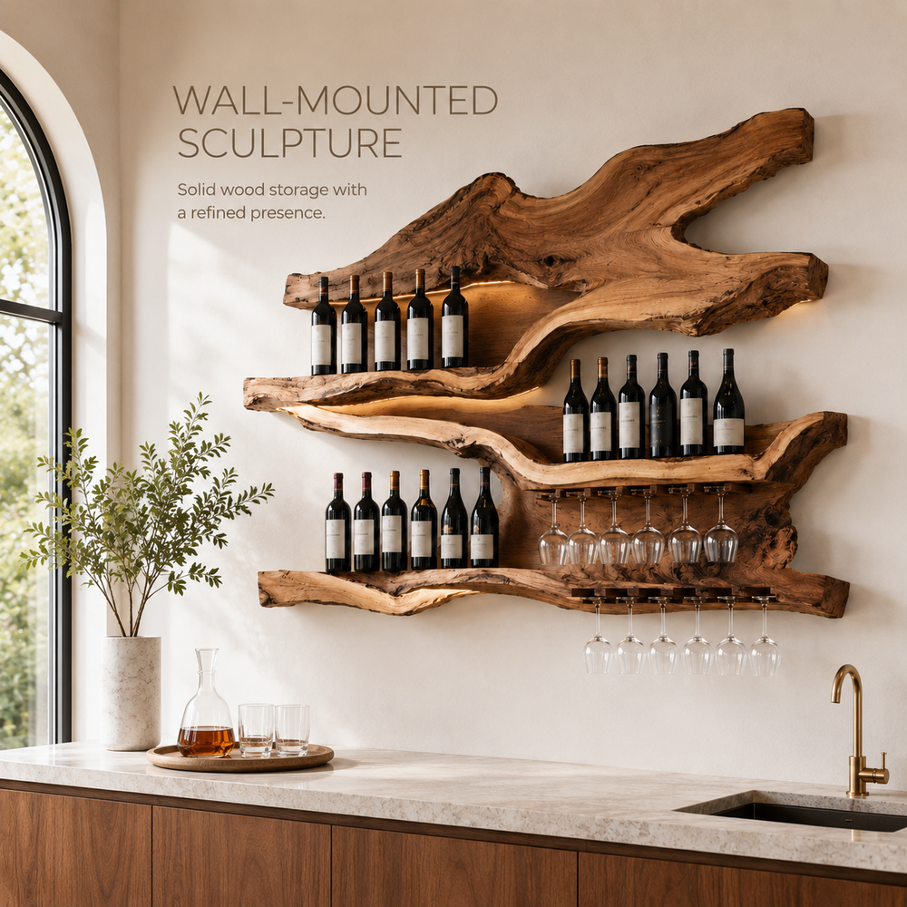 Solid Wood Wall Wine Rack with Glass Holder - Cellular - product image 03