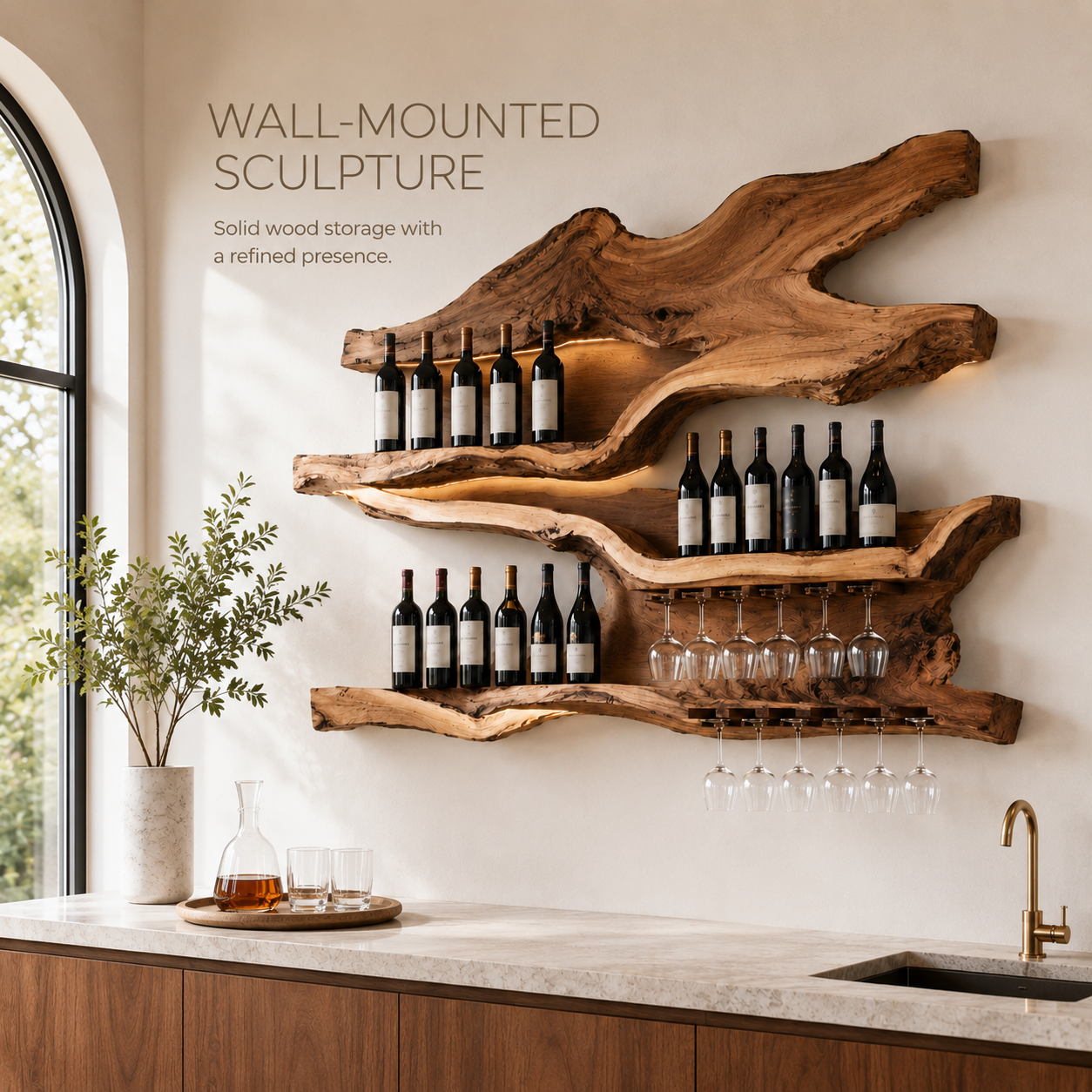 Solid Wood Wall Wine Rack with Glass Holder - Cellular - product image 03