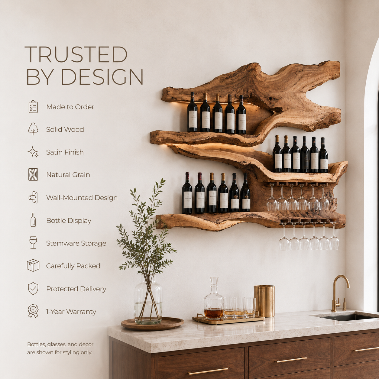Solid Wood Wall Wine Rack with Glass Holder - Cellular - product image 09