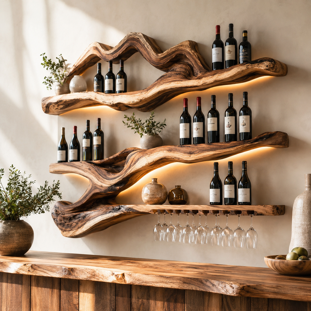 Solid Wood Wall Wine Rack with Glass Holder - Branch Form - main view