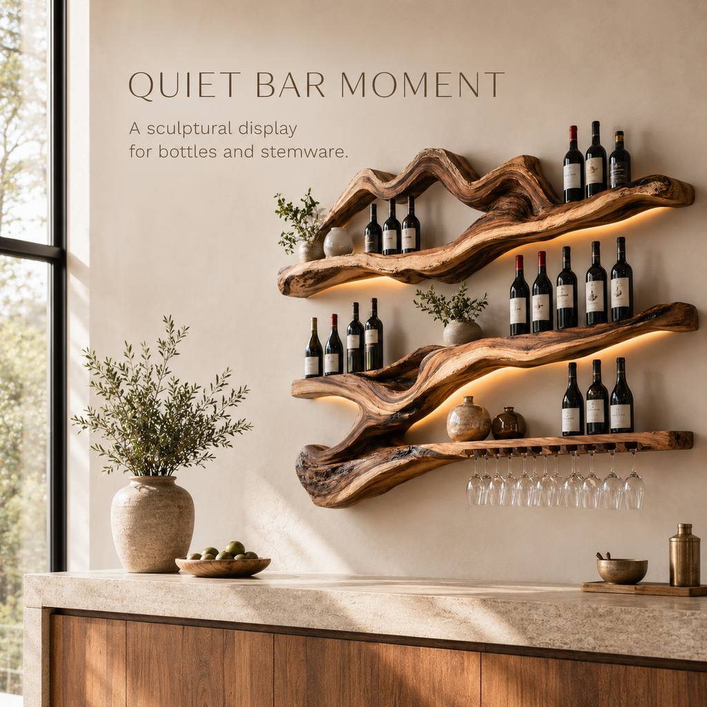 Solid Wood Wall Wine Rack with Glass Holder - Branch Form - product image 02
