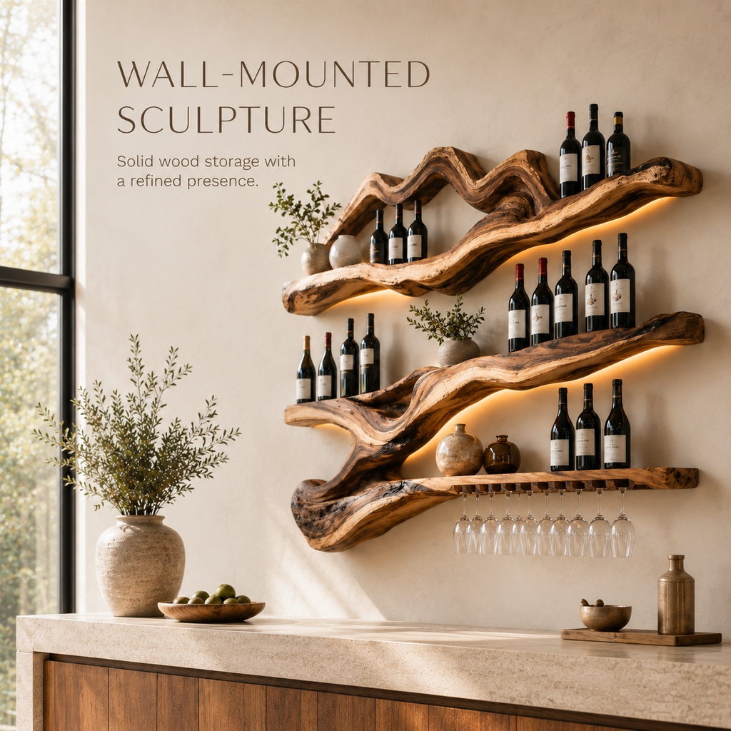 Solid Wood Wall Wine Rack with Glass Holder - Branch Form - product image 03