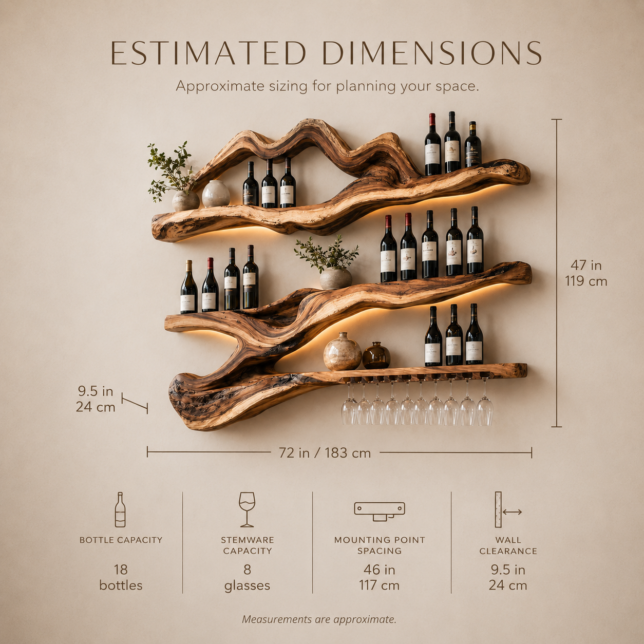 Solid Wood Wall Wine Rack with Glass Holder - Branch Form - product image 08