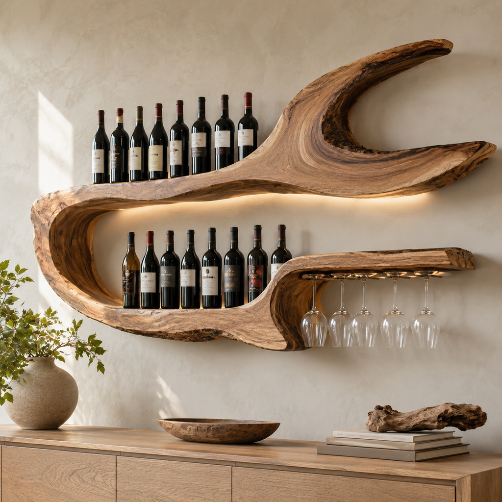 Solid Wood Wall Wine Rack with Glass Holder - Arched - main view