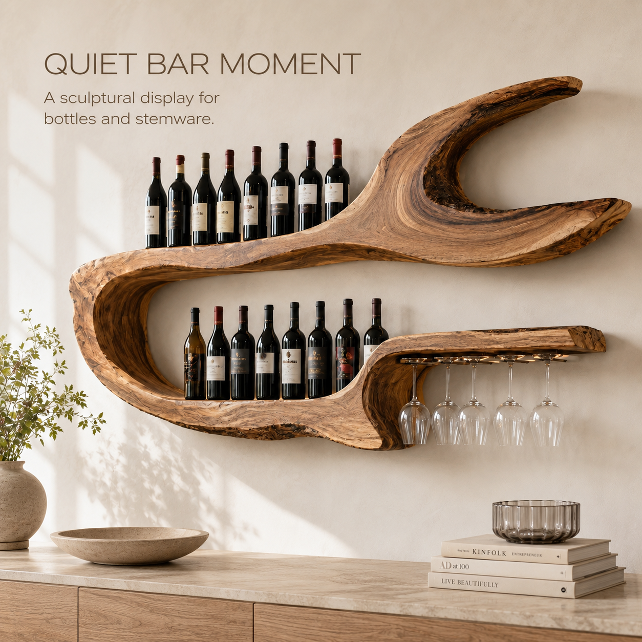 Solid Wood Wall Wine Rack with Glass Holder - Arched - product image 02
