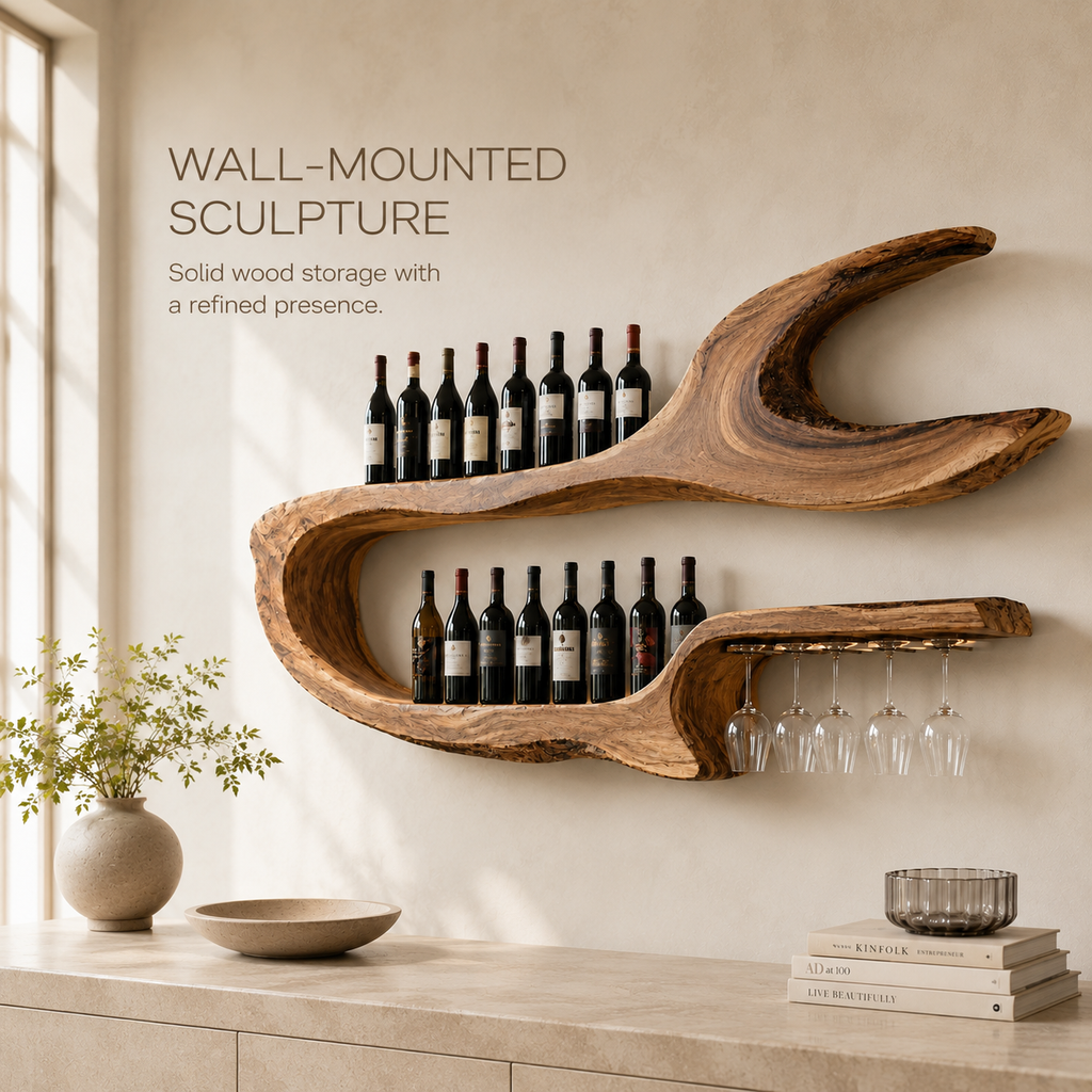 Solid Wood Wall Wine Rack with Glass Holder - Arched - product image 03
