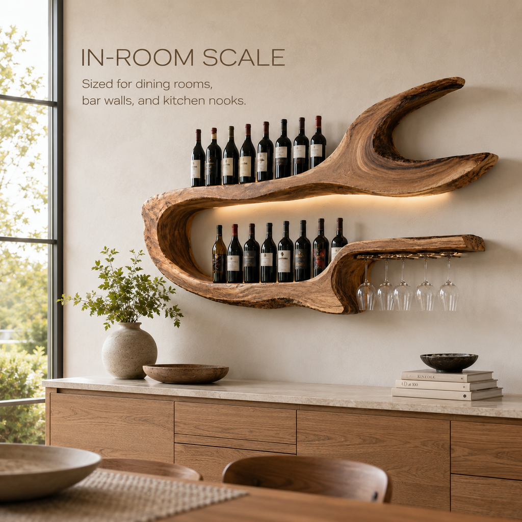 Solid Wood Wall Wine Rack with Glass Holder - Arched - product image 04