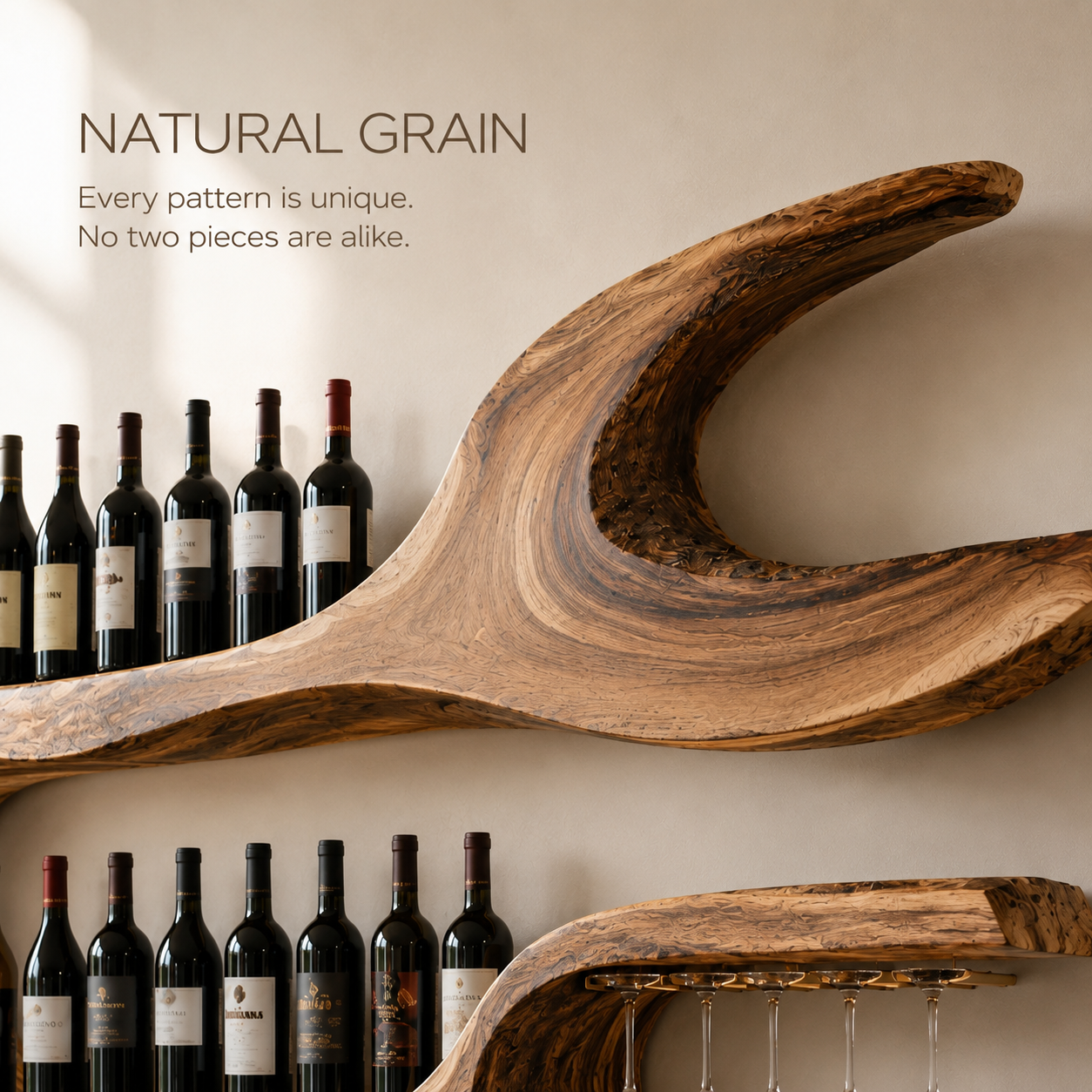 Solid Wood Wall Wine Rack with Glass Holder - Arched - product image 05