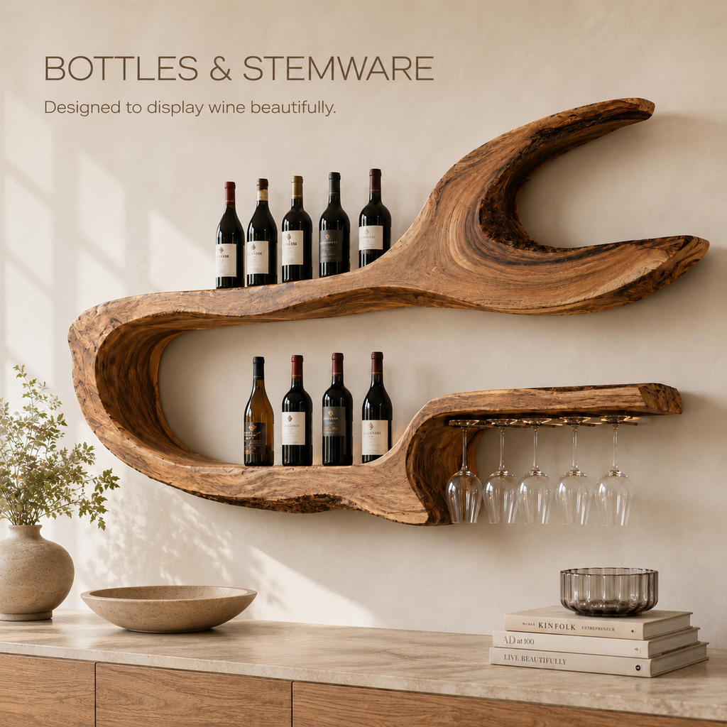 Solid Wood Wall Wine Rack with Glass Holder - Arched - product image 07
