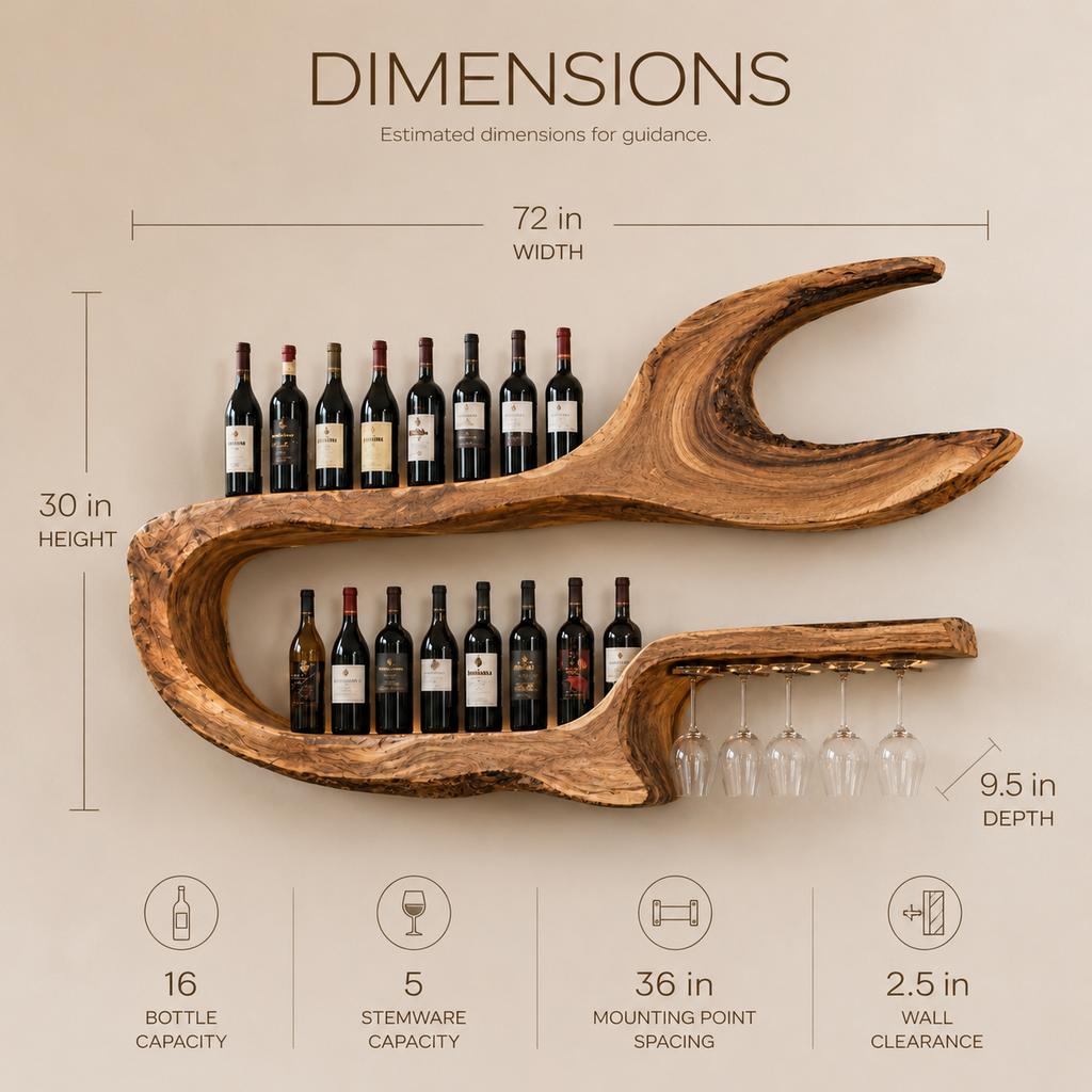 Solid Wood Wall Wine Rack with Glass Holder - Arched - product image 08