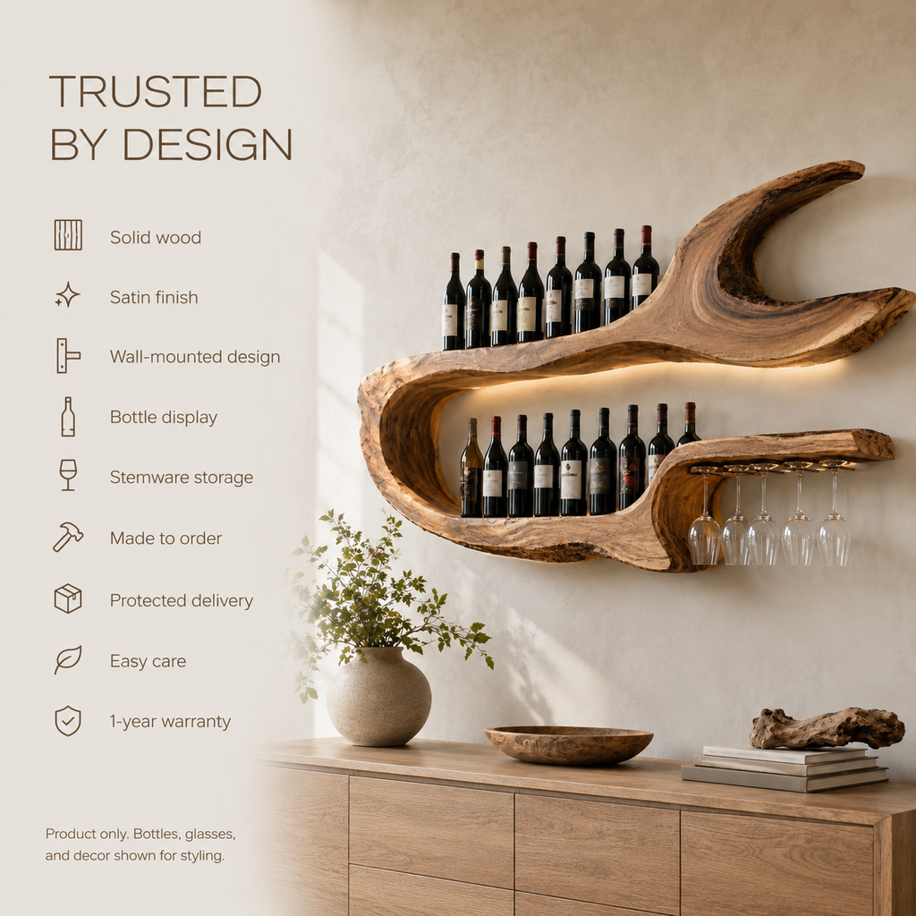 Solid Wood Wall Wine Rack with Glass Holder - Arched - product image 09