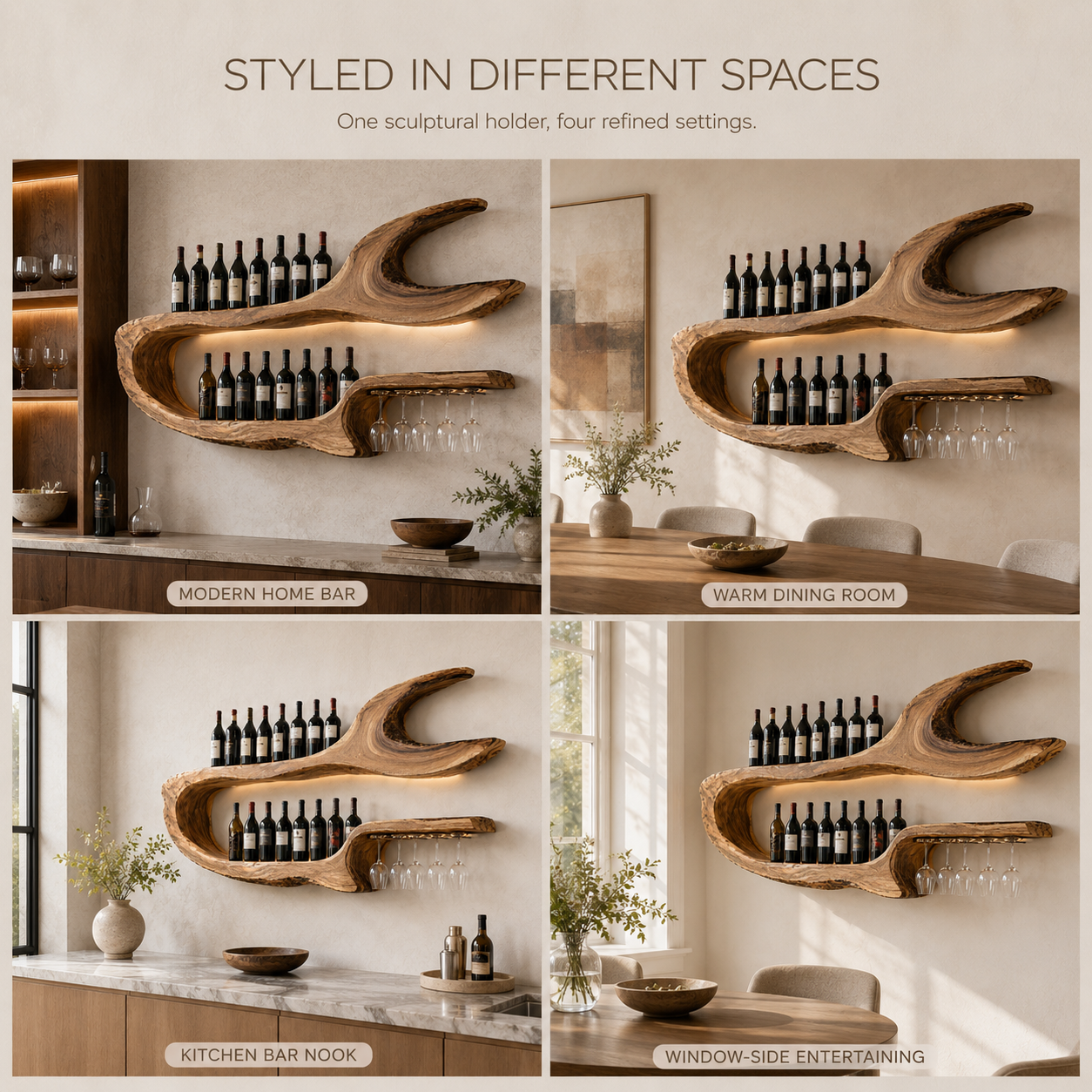 Solid Wood Wall Wine Rack with Glass Holder - Arched - product image 10