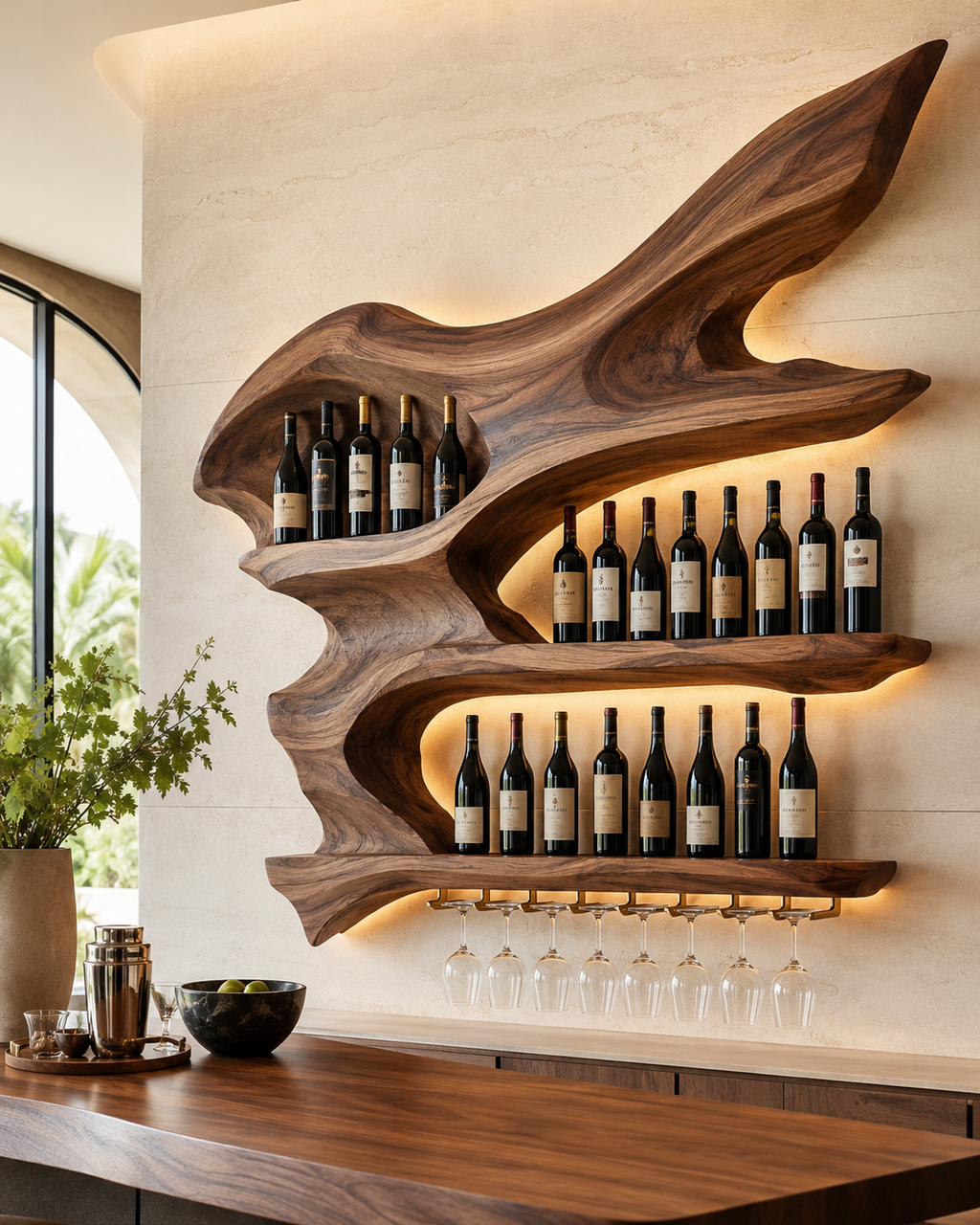 Solid Wood Wall Wine Rack with Glass Holder - Gallery Rail - main view