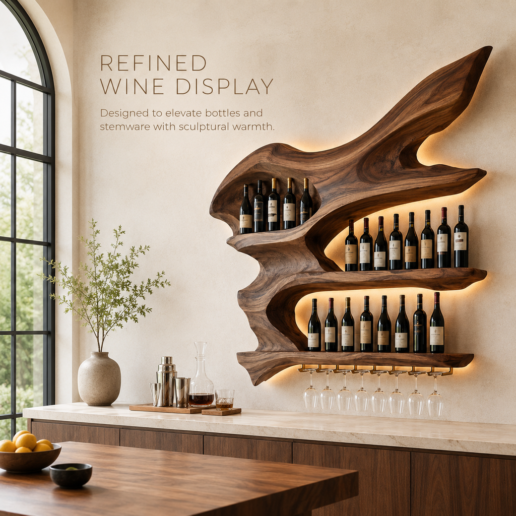 Solid Wood Wall Wine Rack with Glass Holder - Gallery Rail - product image 02
