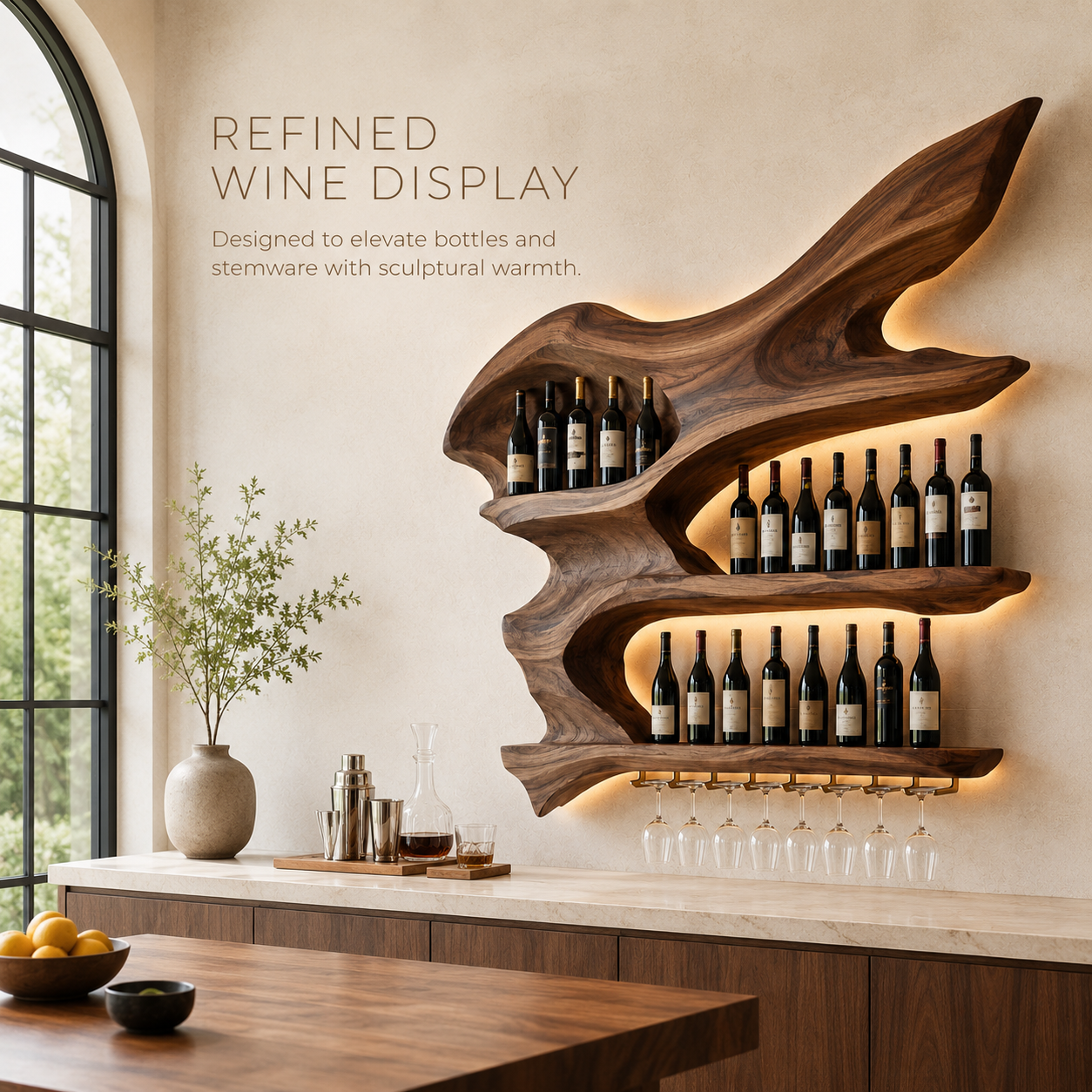 Solid Wood Wall Wine Rack with Glass Holder - Gallery Rail - product image 02