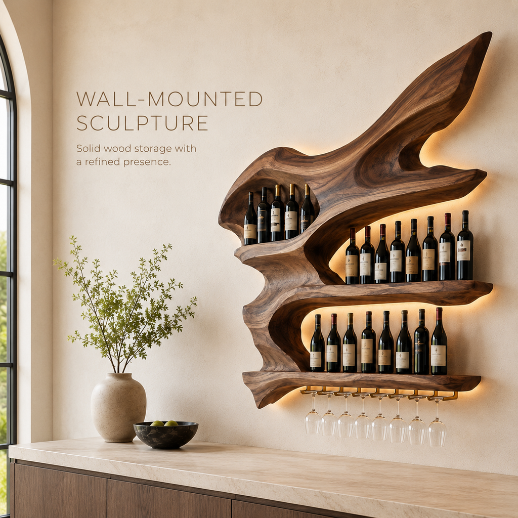 Solid Wood Wall Wine Rack with Glass Holder - Gallery Rail - product image 03