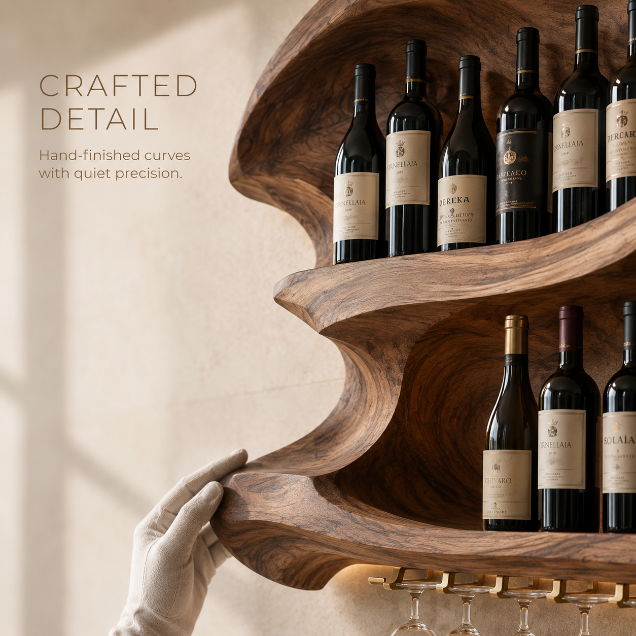 Solid Wood Wall Wine Rack with Glass Holder - Gallery Rail - product image 06