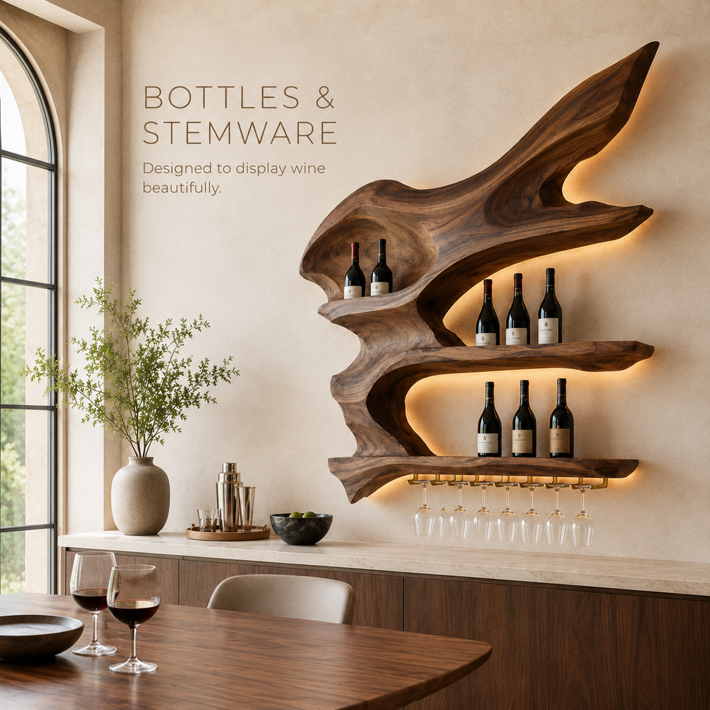 Solid Wood Wall Wine Rack with Glass Holder - Gallery Rail - product image 07