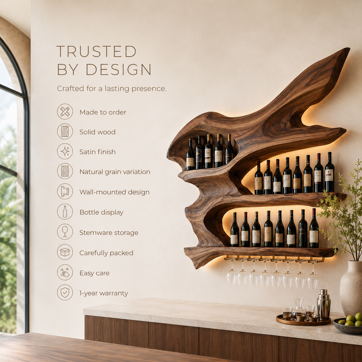 Solid Wood Wall Wine Rack with Glass Holder - Gallery Rail - product image 09