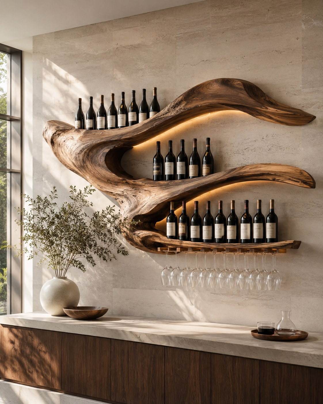 Solid Wood Wall Wine Rack with Glass Holder - Live Edge - main view