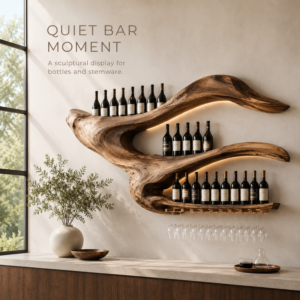 Solid Wood Wall Wine Rack with Glass Holder - Live Edge - product image 02