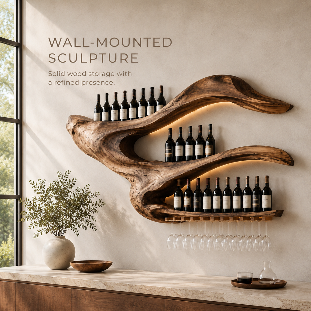 Solid Wood Wall Wine Rack with Glass Holder - Live Edge - product image 03