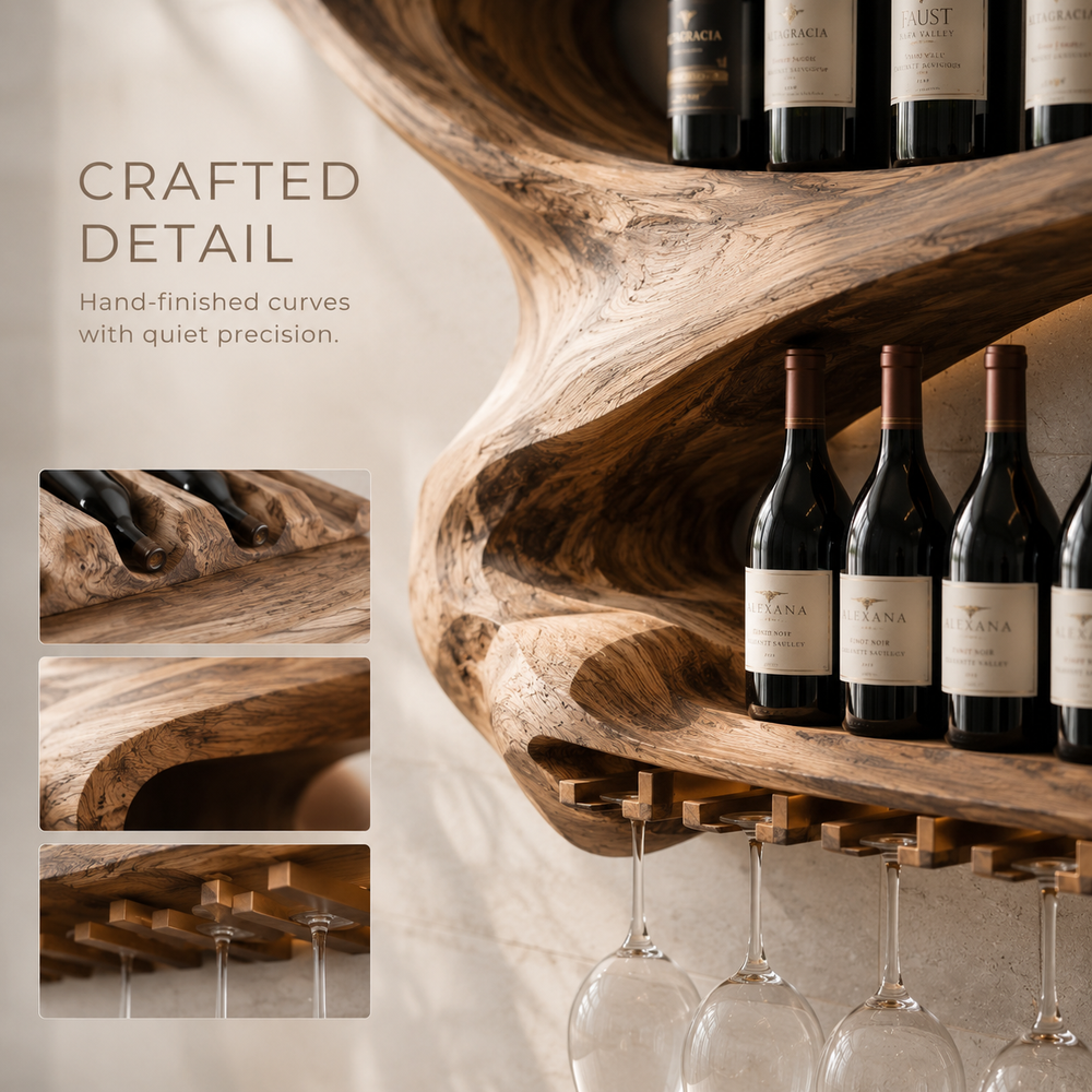 Solid Wood Wall Wine Rack with Glass Holder - Live Edge - product image 06
